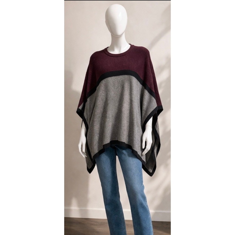 Calvin Klein Poncho Sweater Womens S/M Burgundy Grey Colorblock Knit Wrap  Top